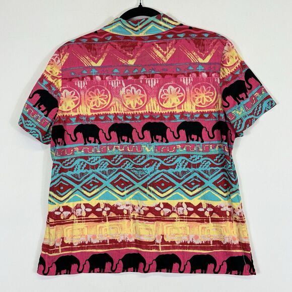 Chico's Rainbow Elephant Safari Button Front Shirt Top Women's Sz 1 Medium 8 - Picture 4 of 6